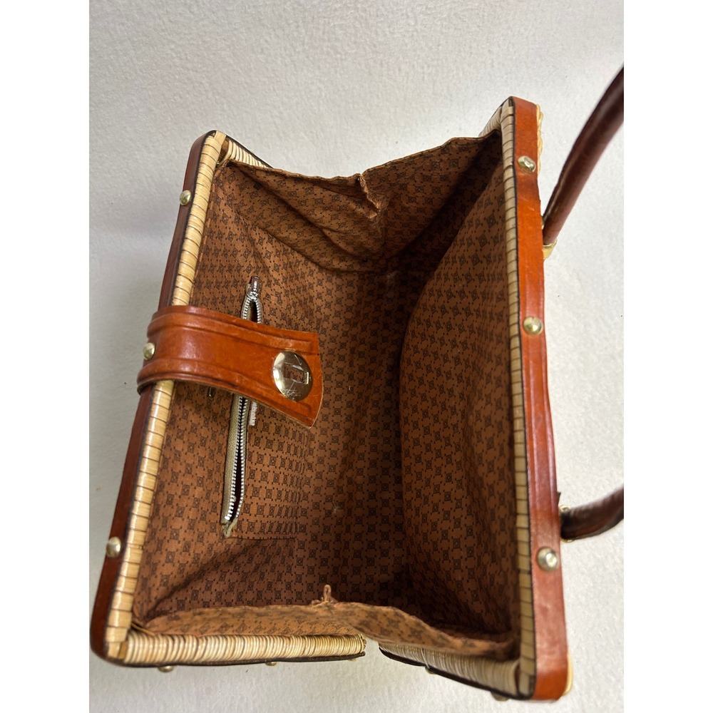 Cottagecore Vintage Women Medium Brown Wicker Leather Satchel Classic Timeless - Picture 9 of 12